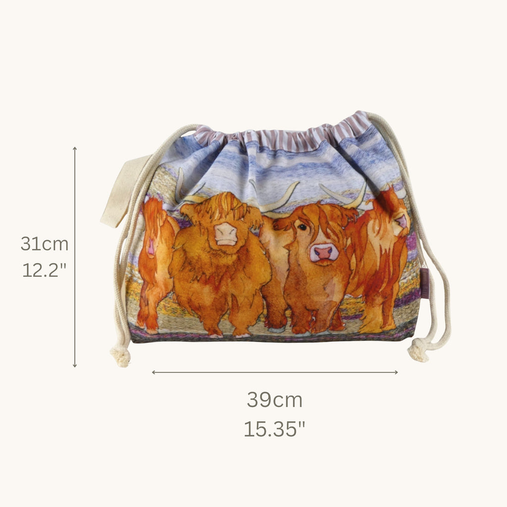 Emma Ball Highland Coo Drawstring Bag. Knitting & Crochet Project and Yarn Storage