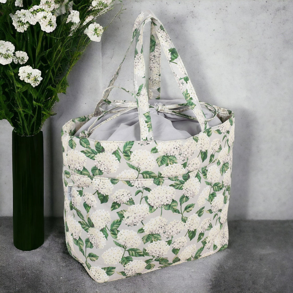 Hydrangea Knitting & Craft Storage Bag. Cotton Padded Tote with Drawstring