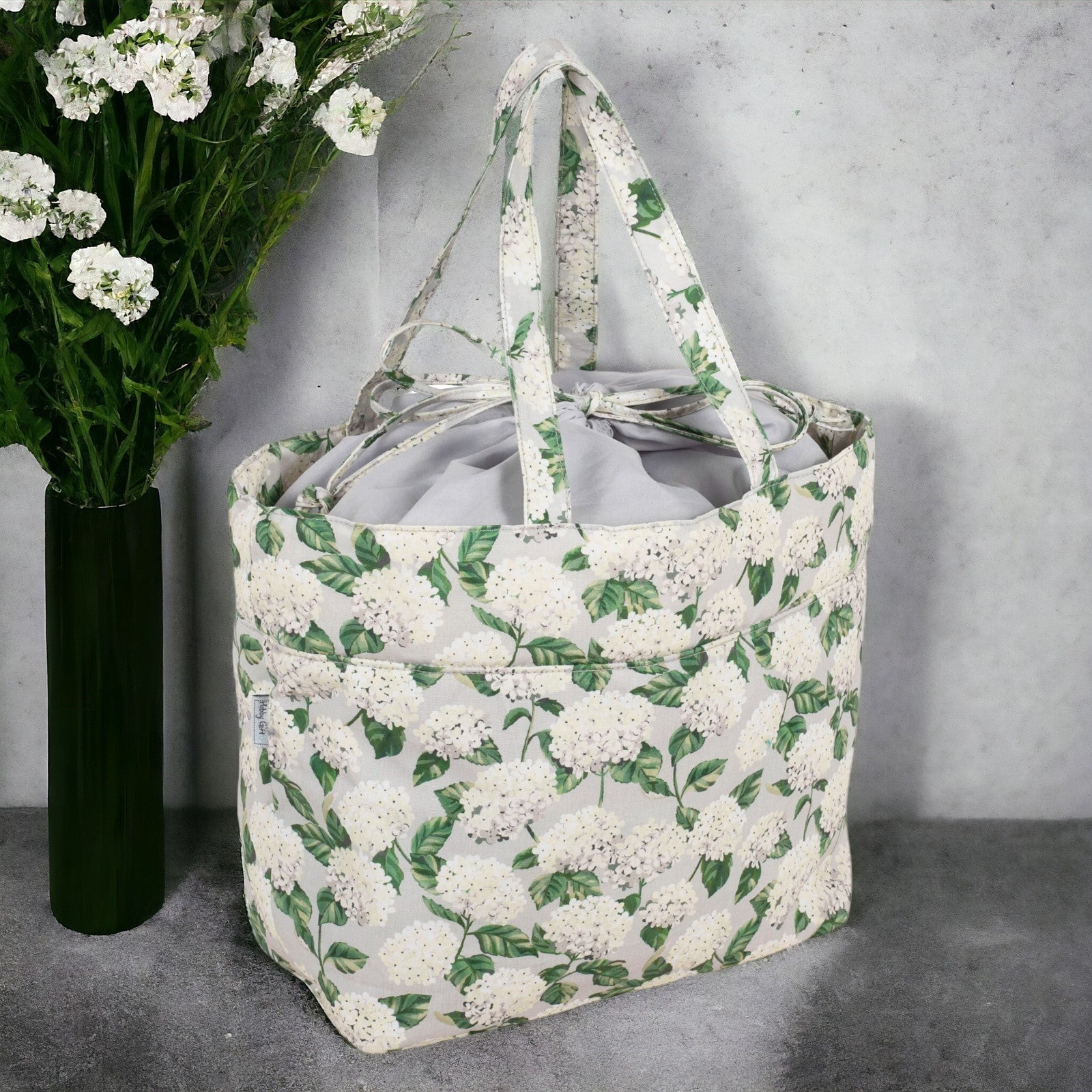 Hydrangea Knitting & Craft Storage Bag. Cotton Padded Tote with Drawstring