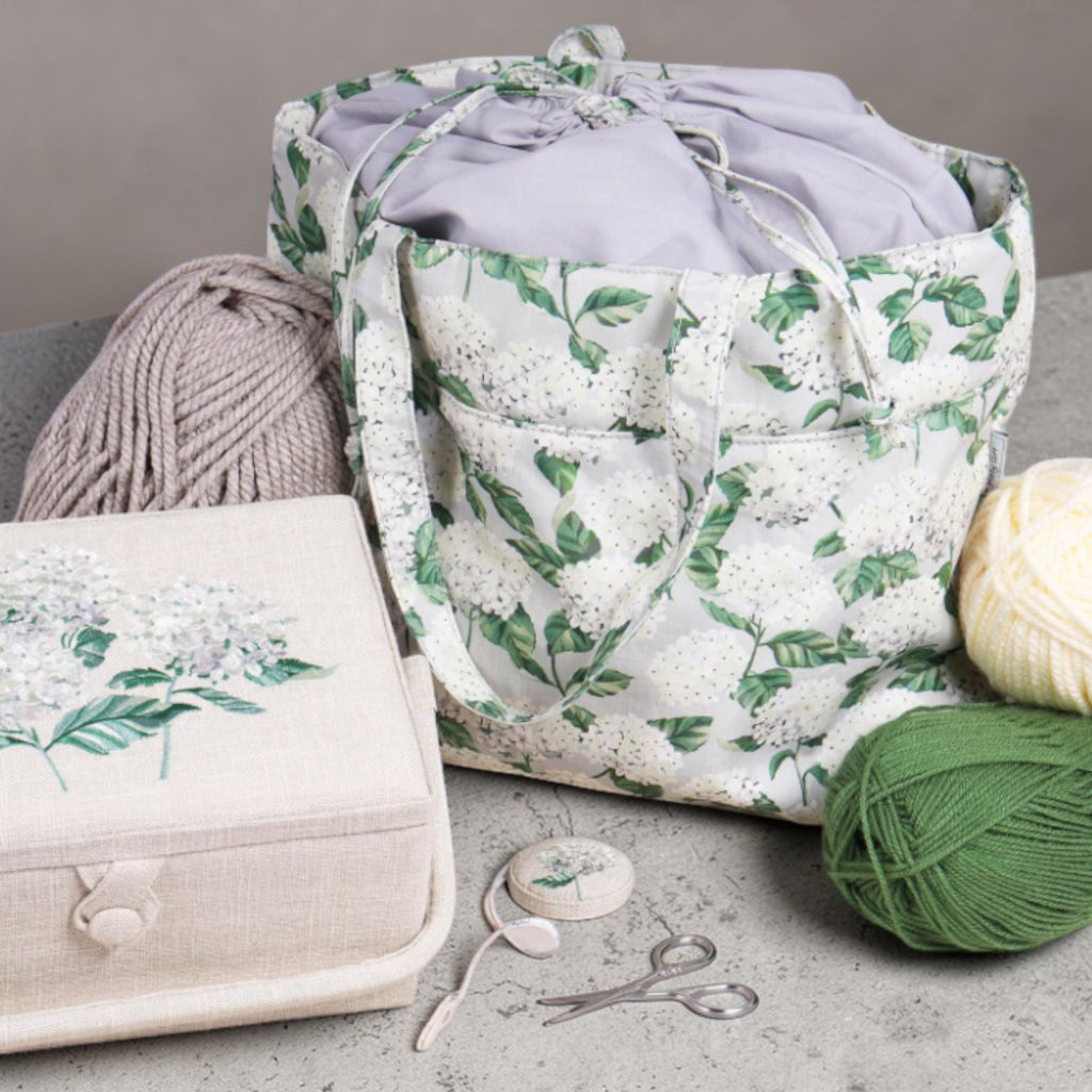 Hydrangea Knitting & Craft Storage Bag. Cotton Padded Tote with Drawstring