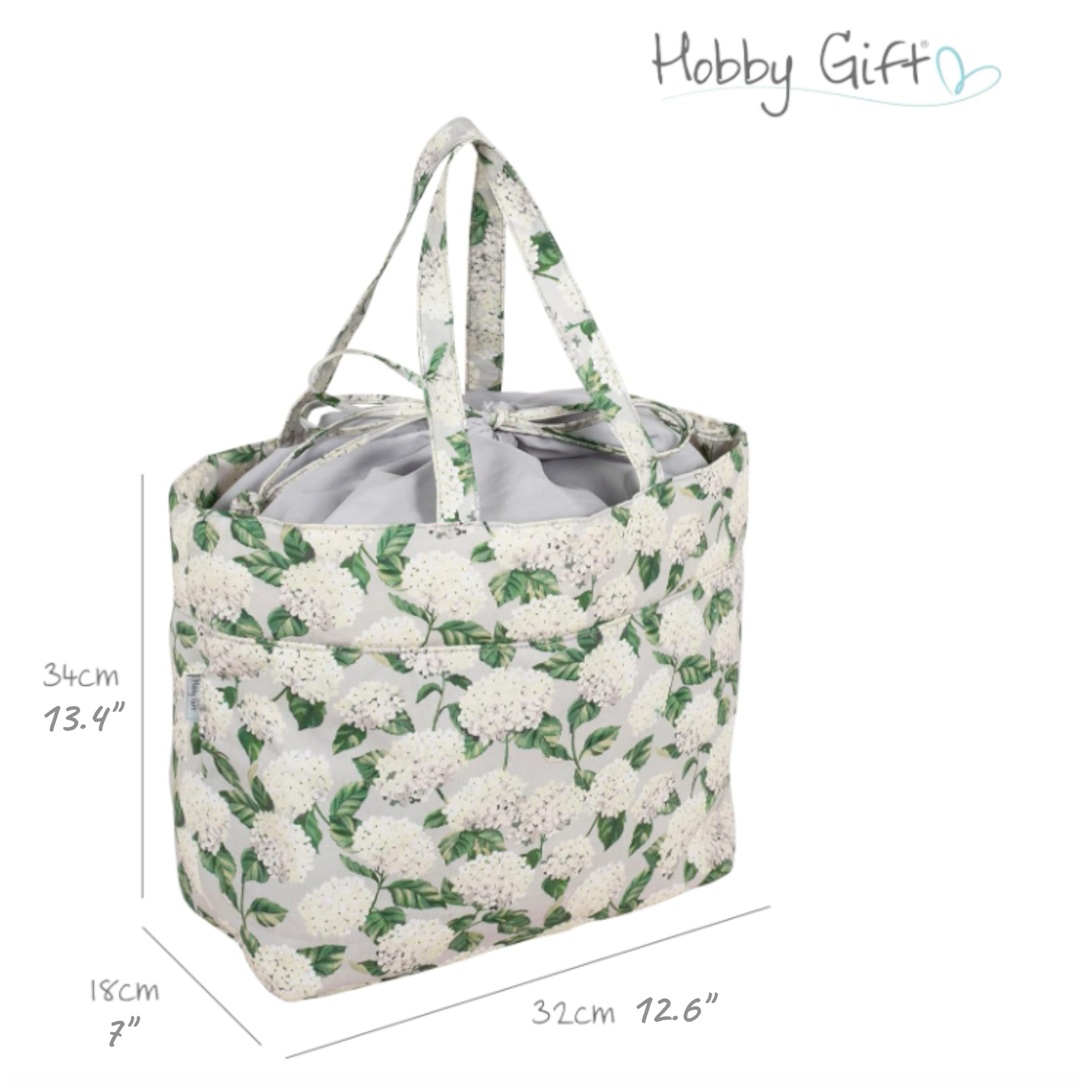 Hydrangea Knitting & Craft Storage Bag. Cotton Padded Tote with Drawstring
