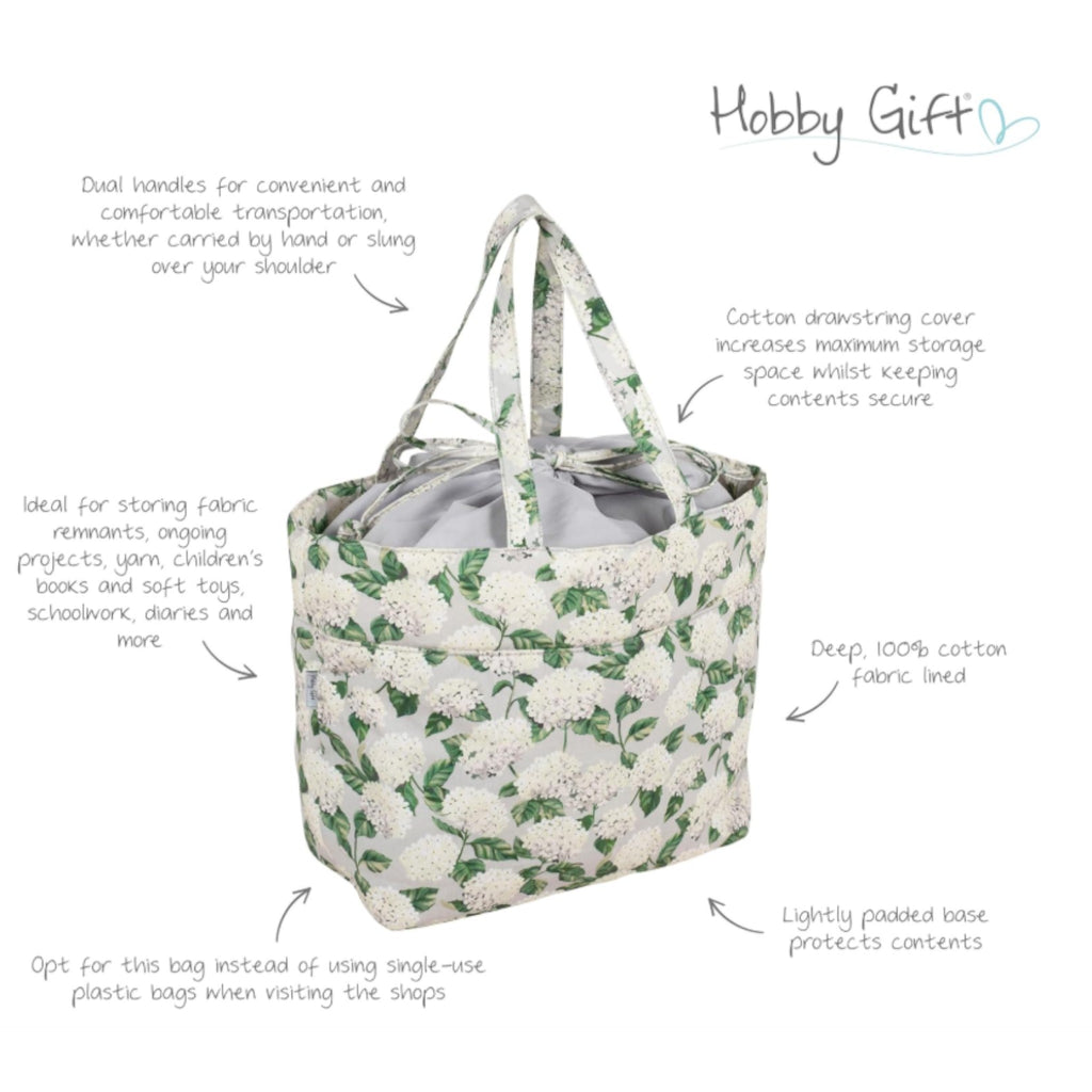 Hydrangea Knitting & Craft Storage Bag. Cotton Padded Tote with Drawstring