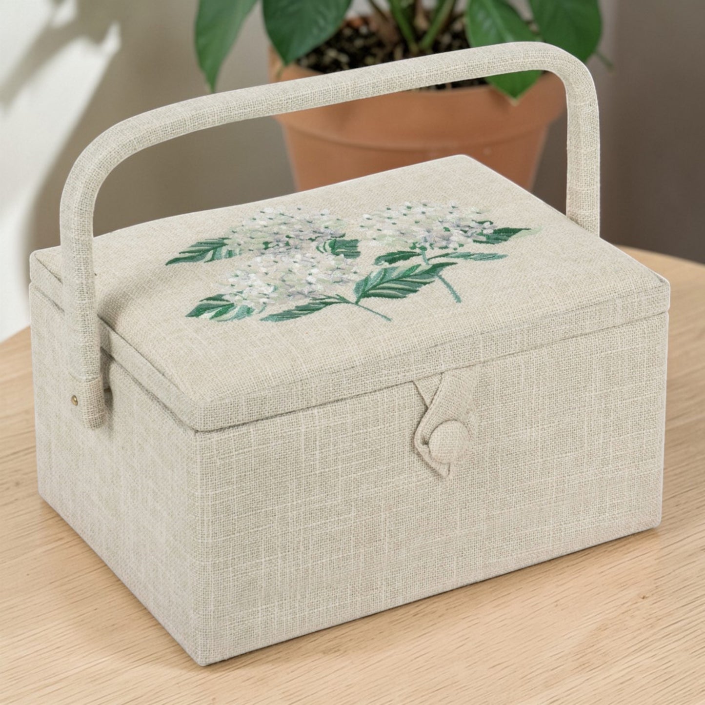 Sewing Basket Hydrangea Design with Embroidered Lid  and optional Sewing Kit
