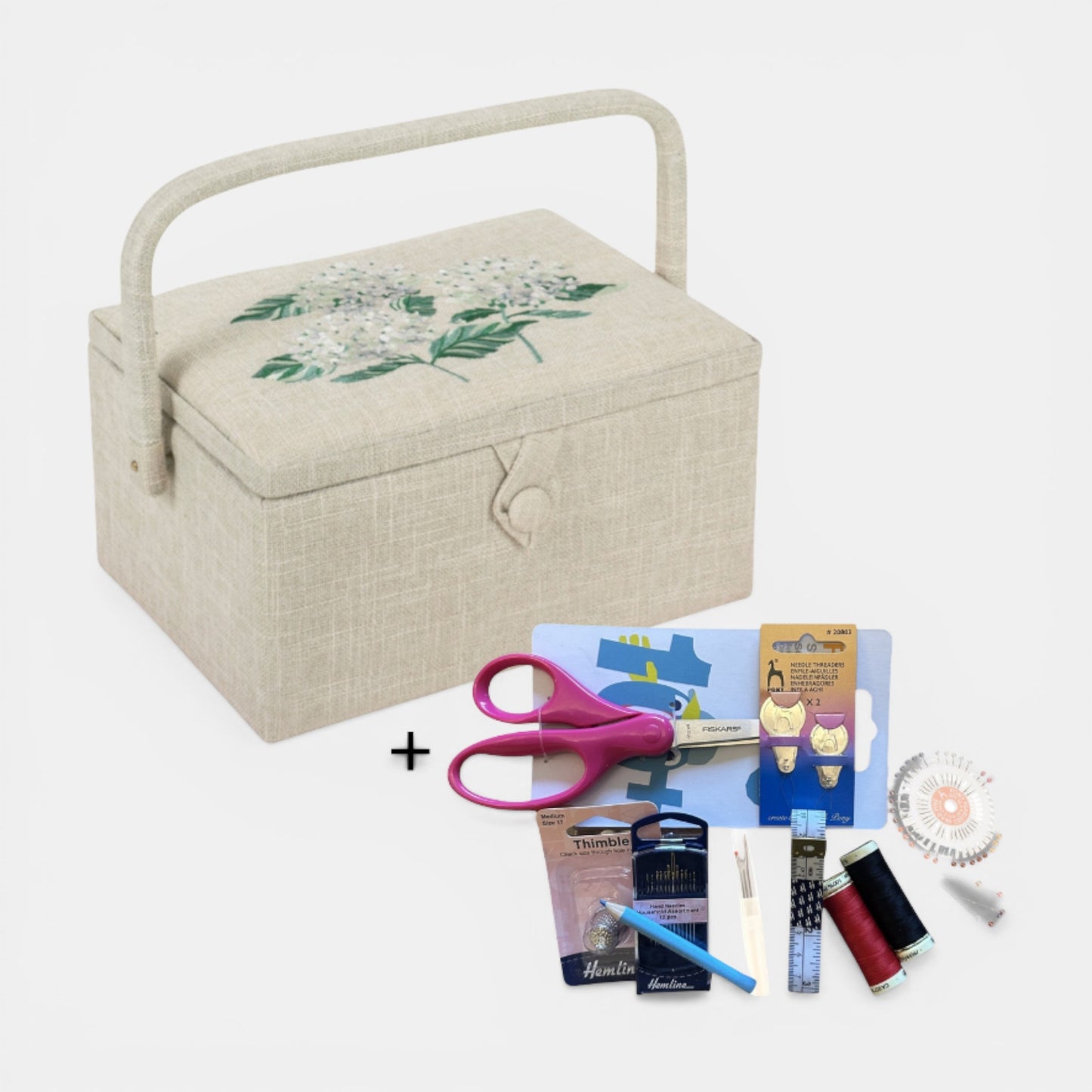 Sewing Basket Hydrangea Design with Embroidered Lid  and optional Sewing Kit