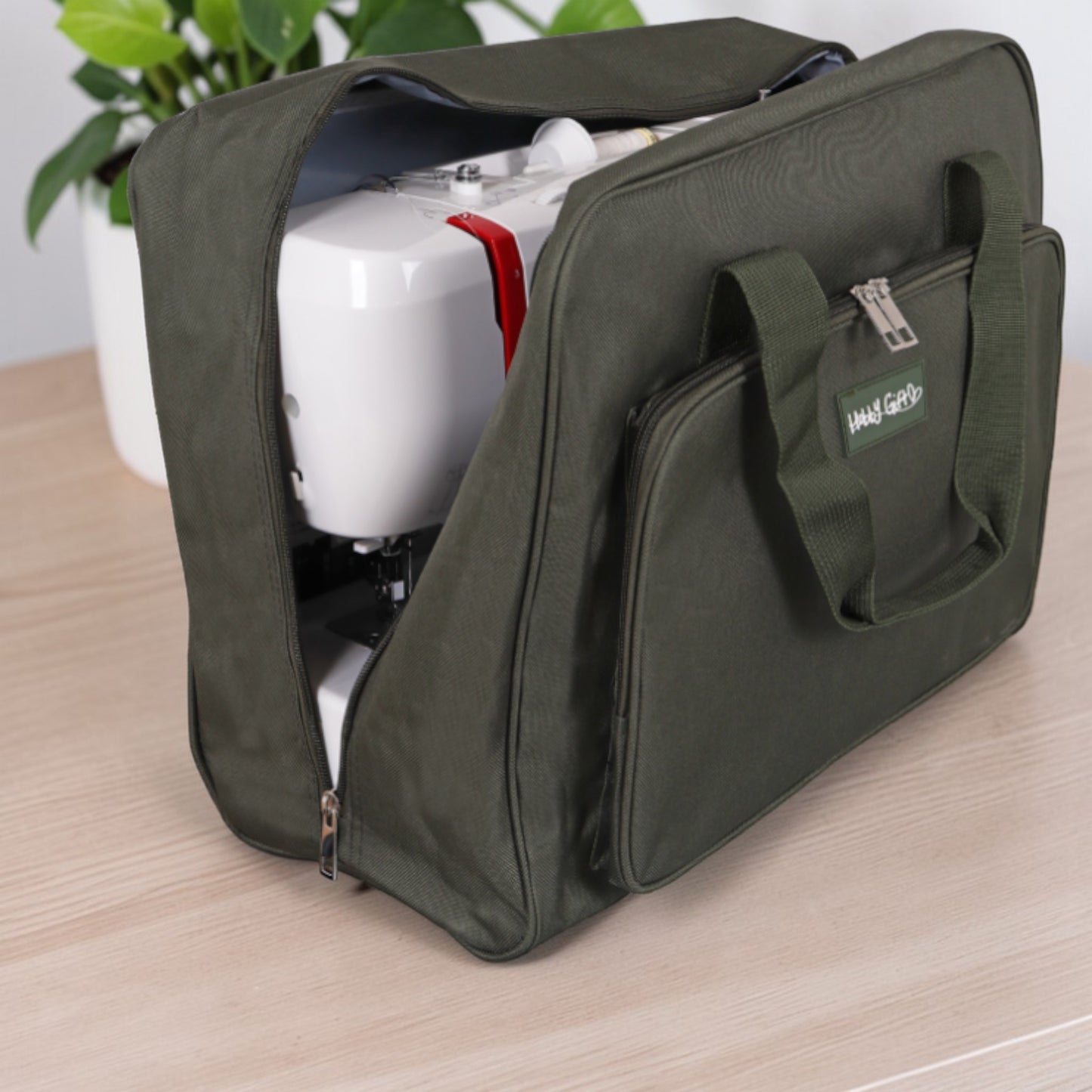 Khaki Sewing Machine Carry Case Bag – Padded Storage with Front Pocket – Heavy Duty Polyester