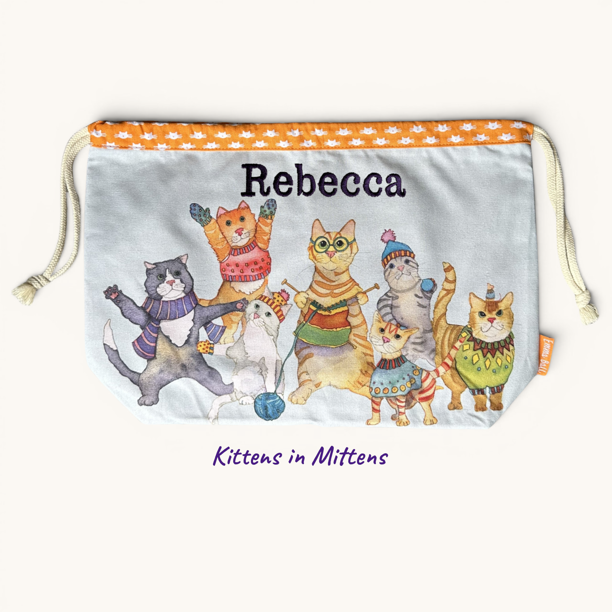 Personalised Emma Ball Drawstring Bags, Knitting & Crochet Projects and Yarn Storage. Knitting Gifts
