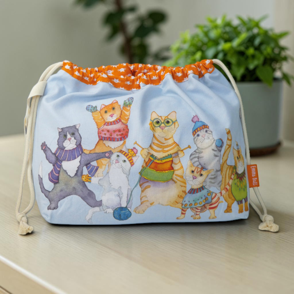 Emma Ball Kittens in Mittens Drawstring Bag. Knitting & Crochet Project Storage