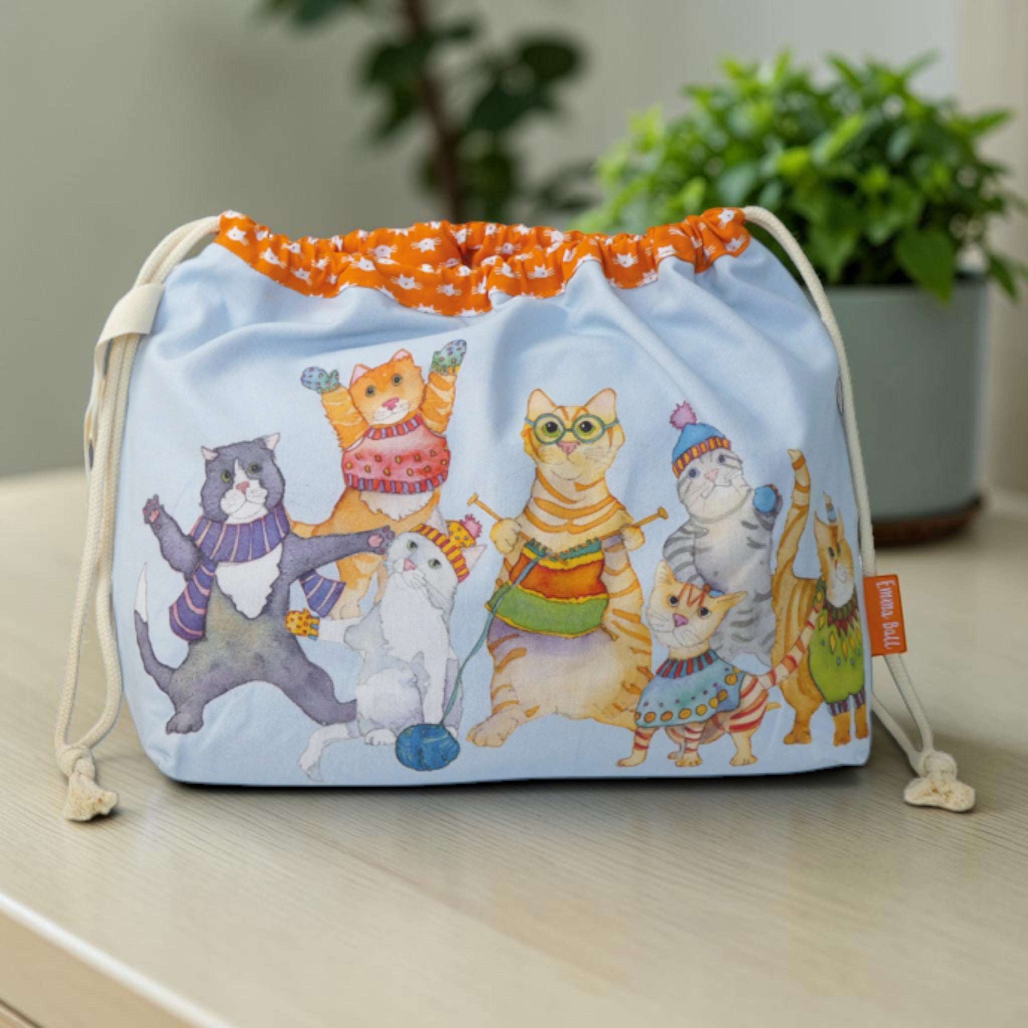 Emma Ball Kittens in Mittens Drawstring Bag. Knitting & Crochet Project Storage