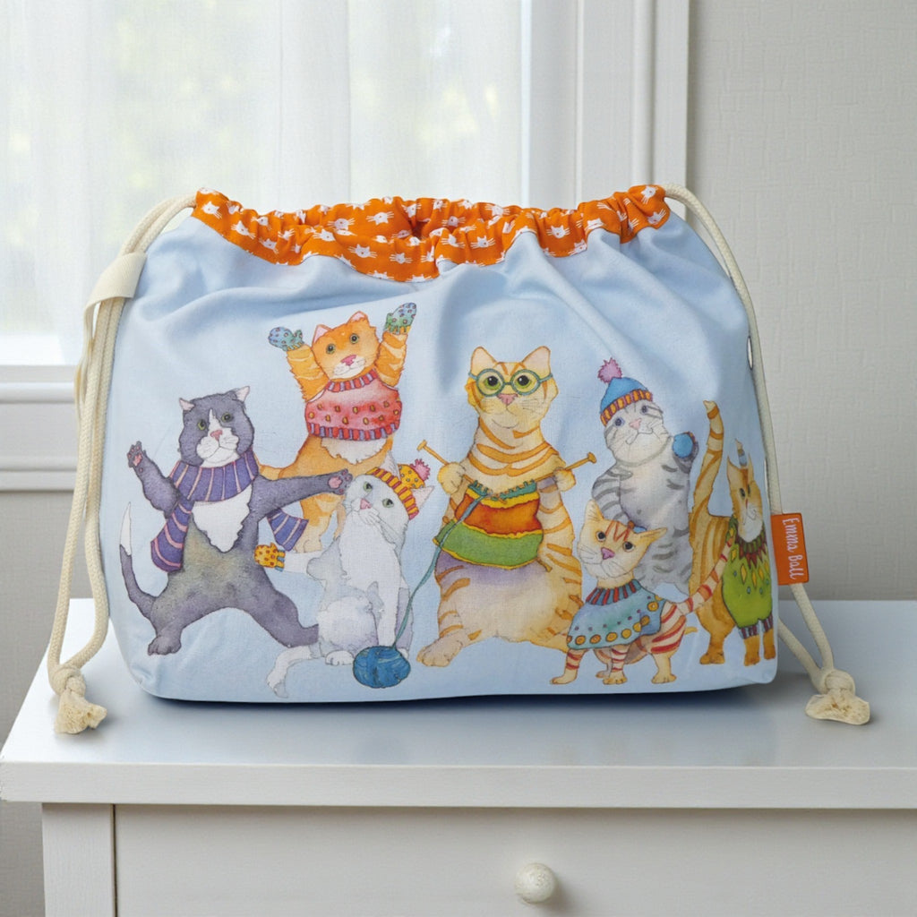 Emma Ball Kittens in Mittens Drawstring Bag. Knitting & Crochet Project Storage