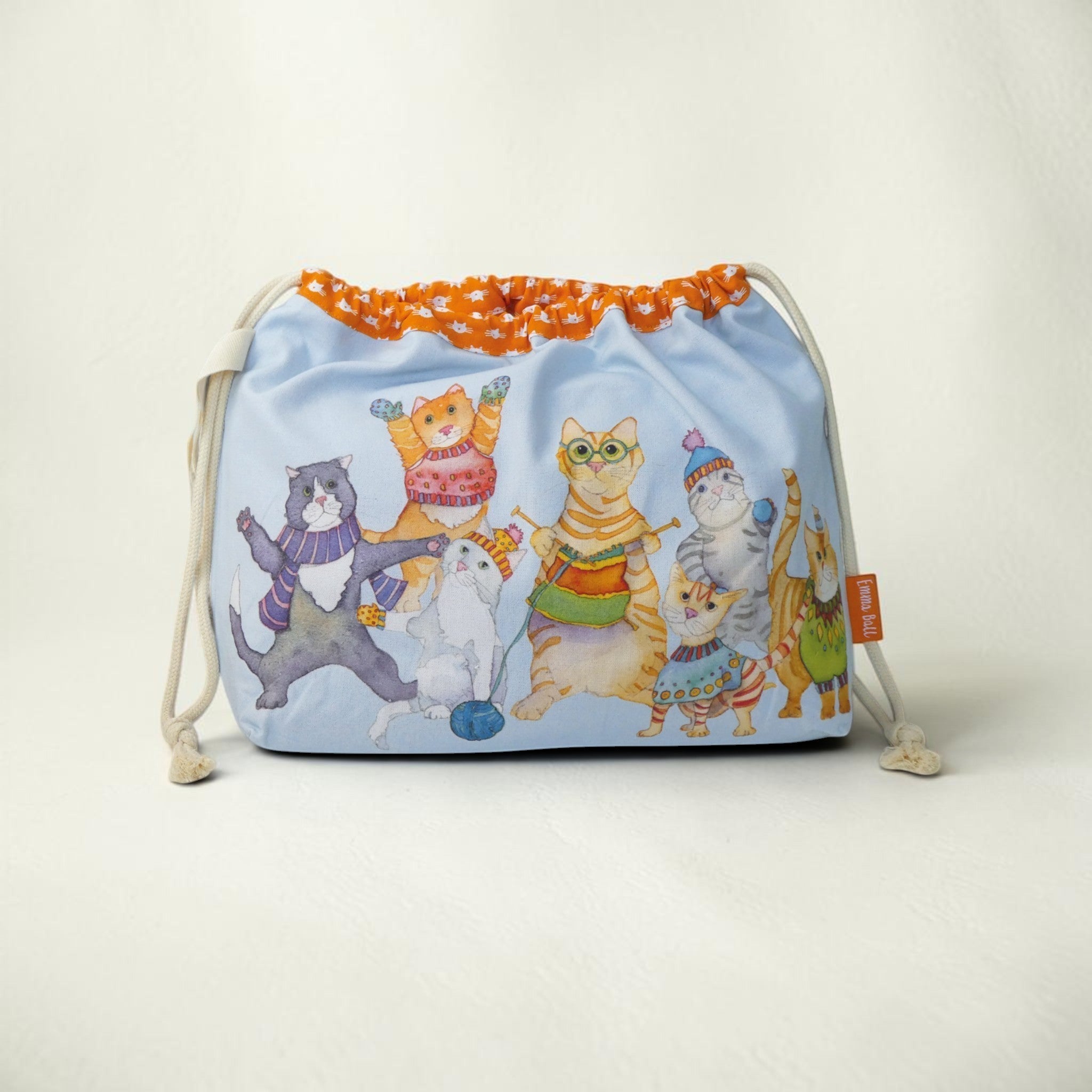 Emma Ball Kittens in Mittens Drawstring Bag. Knitting & Crochet Project Storage