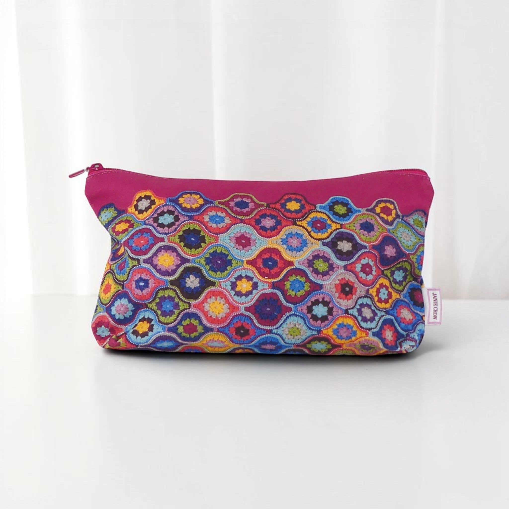 Crochet Print Zipped Pouch Large. 'Mystical Lanterns' Design. Cotton Canvas Storage