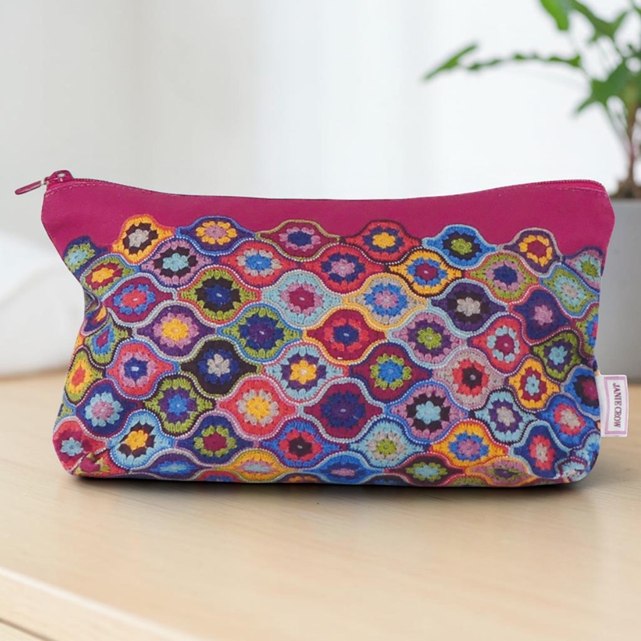 Crochet Print Zipped Pouch Large. 'Mystical Lanterns' Design. Cotton Canvas Storage