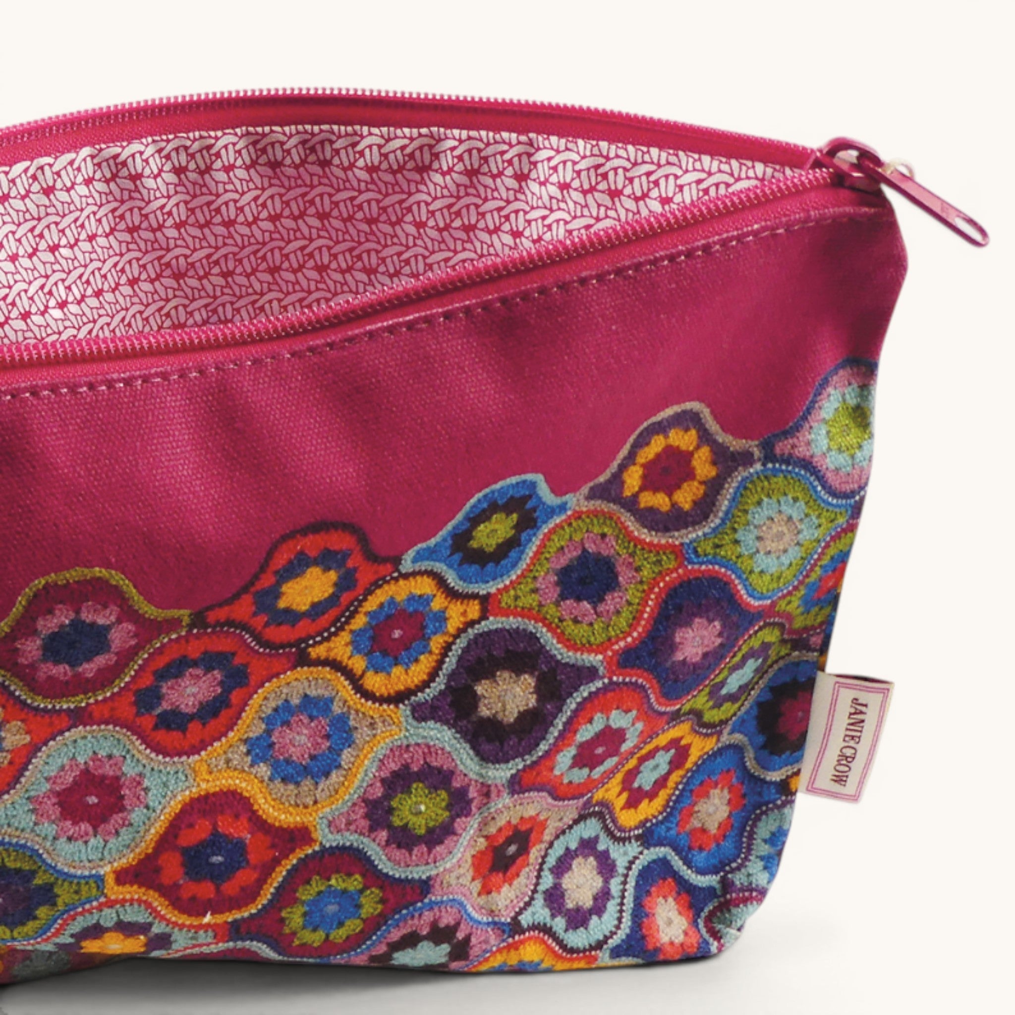 Crochet Print Zipped Pouch Large. 'Mystical Lanterns' Design. Cotton Canvas Storage