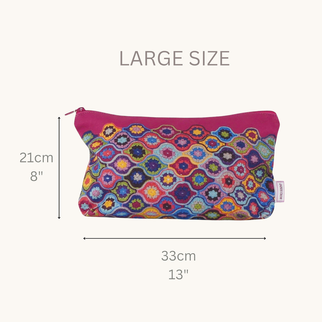 Crochet Print Zipped Pouch Large. 'Mystical Lanterns' Design. Cotton Canvas Storage