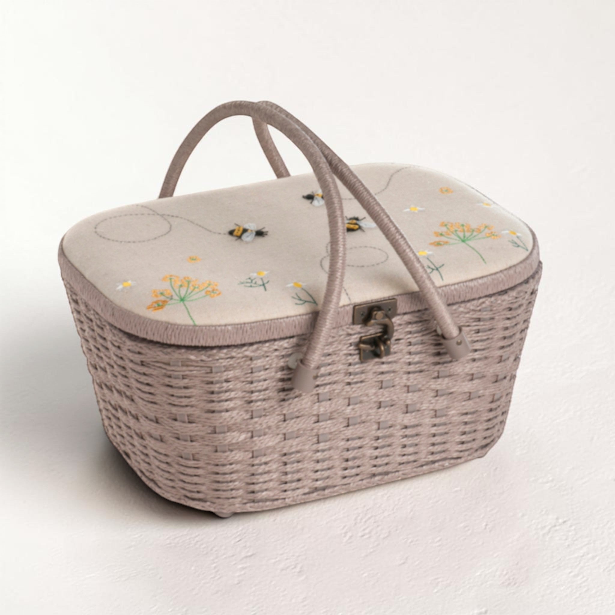 Linen Bee Wicker Sewing Basket – Large Taupe Craft Storage Box with Appliqué Bees & Flowers