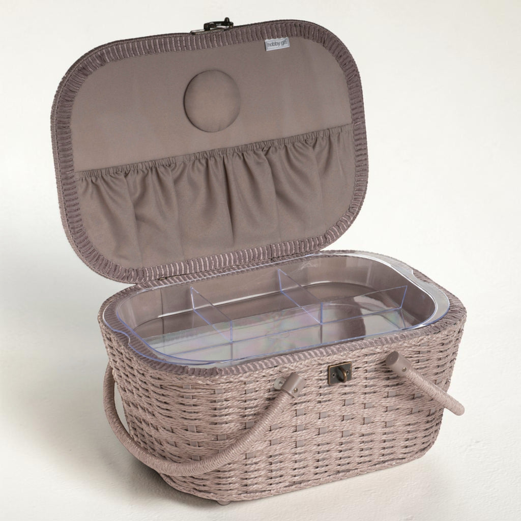 Linen Bee Wicker Sewing Basket – Large Taupe Craft Storage Box with Appliqué Bees & Flowers