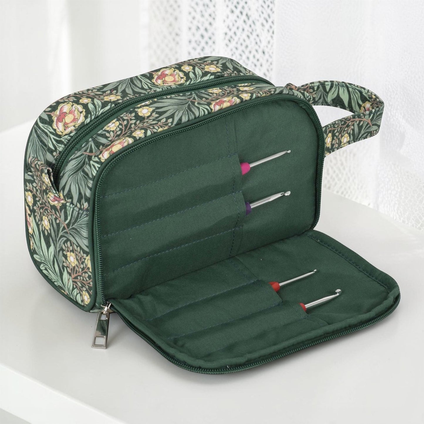 Morris Green Crochet Bag – Floral Cotton Zippered Project Case with Pocket