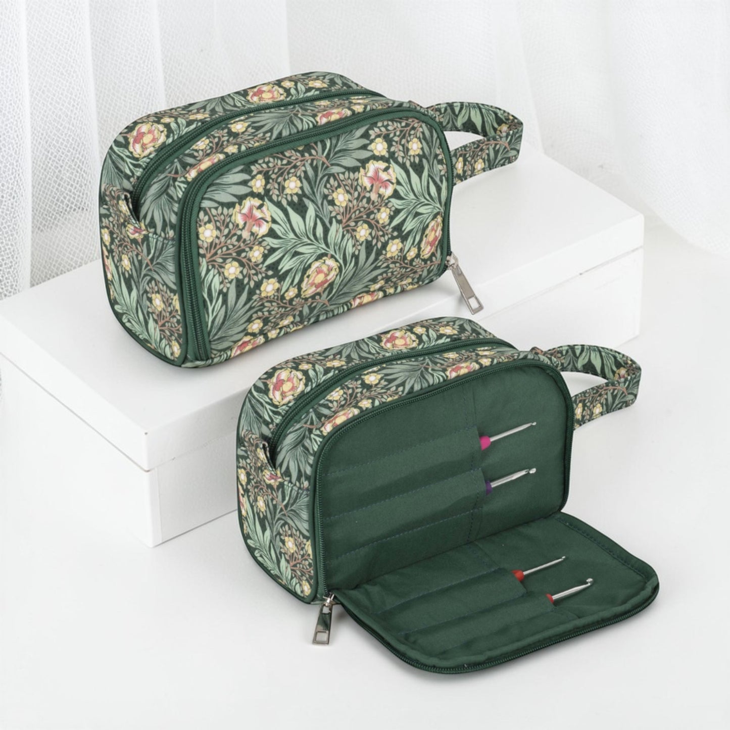 Morris Green Crochet Bag – Floral Cotton Zippered Project Case with Pocket