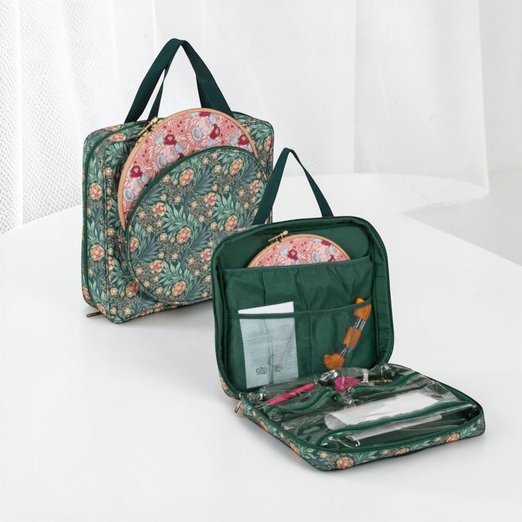 Craft Storage Bag with Hoop Pocket, Morris Green Embroidery Project Bag, Cross Stitch Organizer