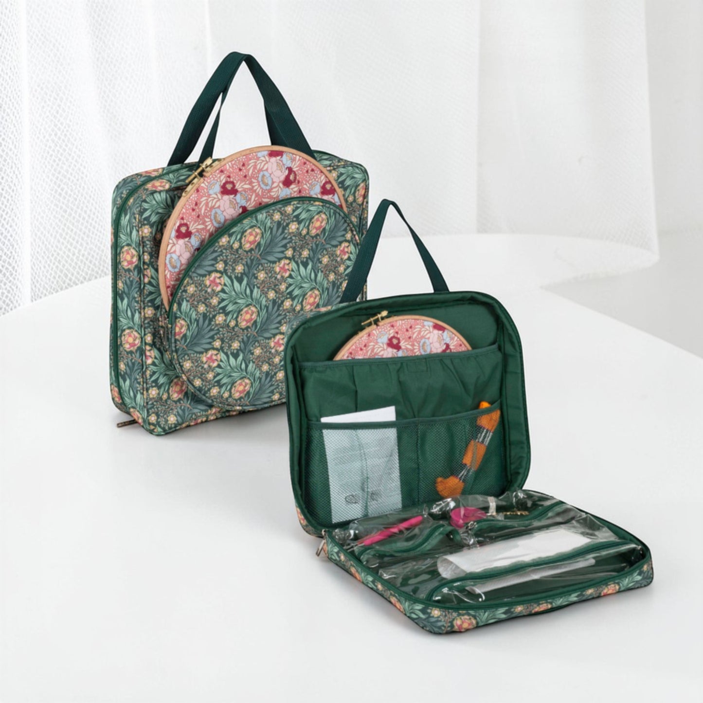Craft Storage Bag with Hoop Pocket, Morris Green Embroidery Project Bag, Cross Stitch Organizer