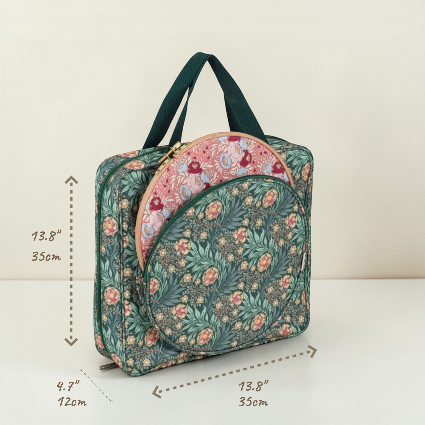 Craft Storage Bag with Hoop Pocket, Morris Green Embroidery Project Bag, Cross Stitch Organizer