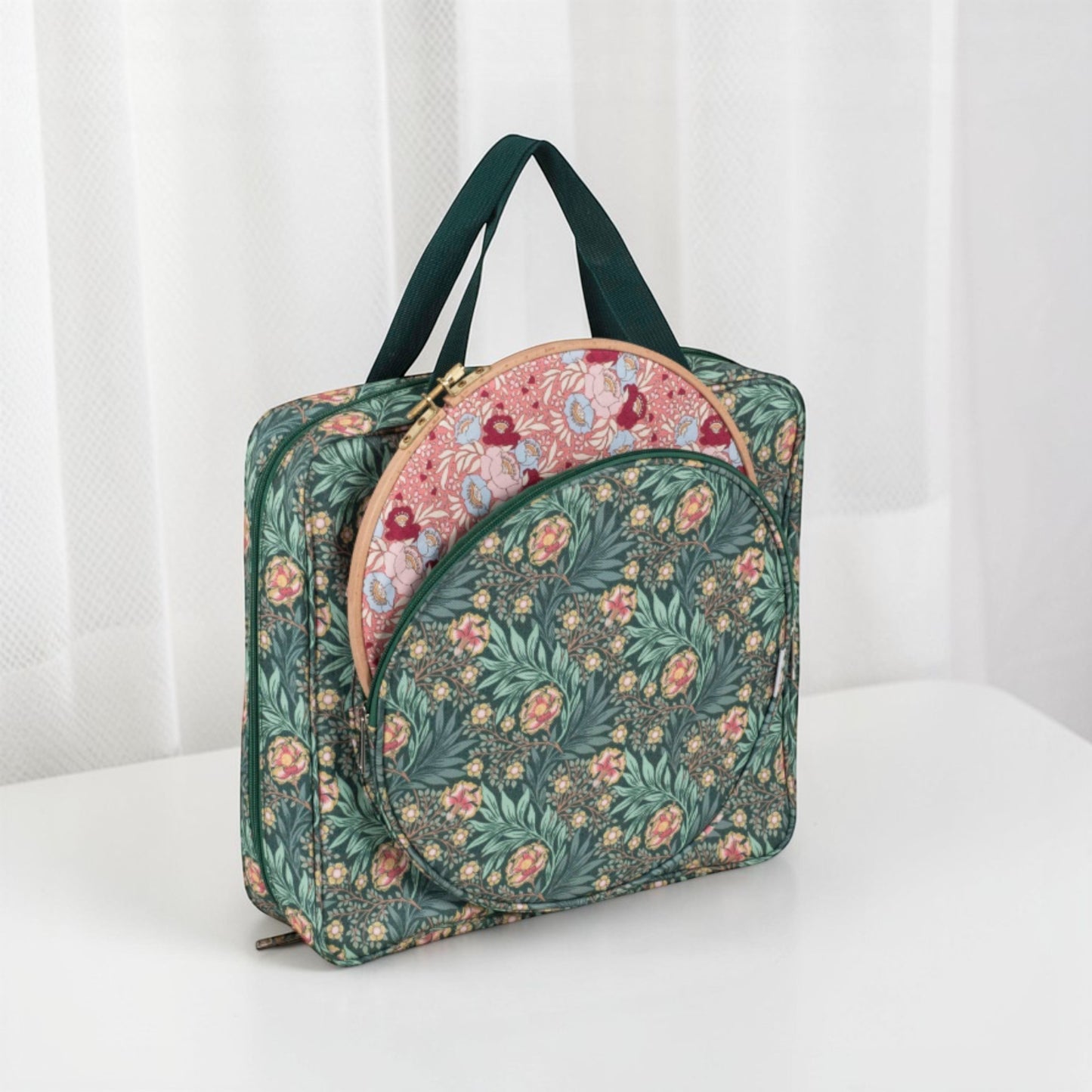 Craft Storage Bag with Hoop Pocket, Morris Green Embroidery Project Bag, Cross Stitch Organizer