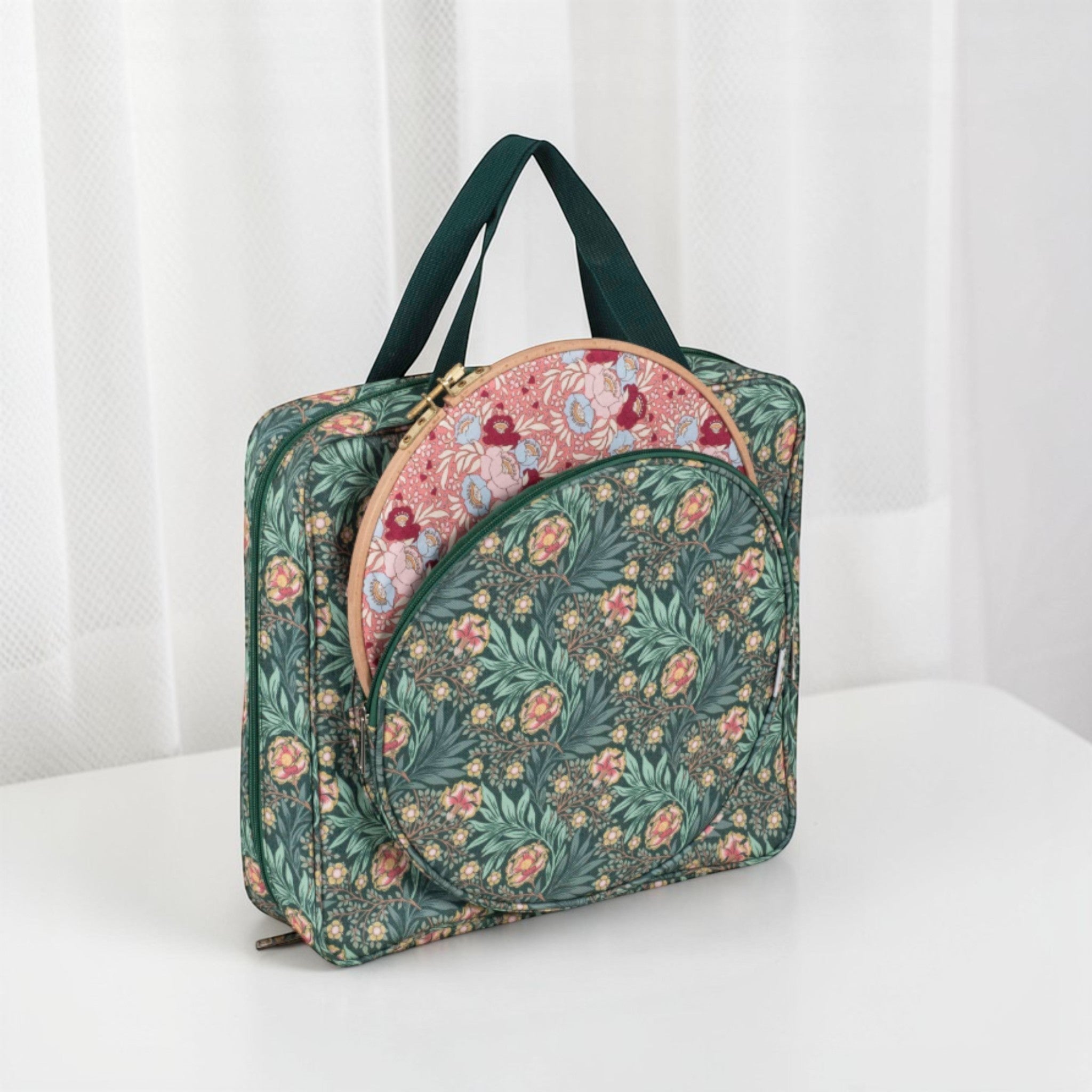 Craft Storage Bag with Hoop Pocket, Morris Green Embroidery Project Bag, Cross Stitch Organizer