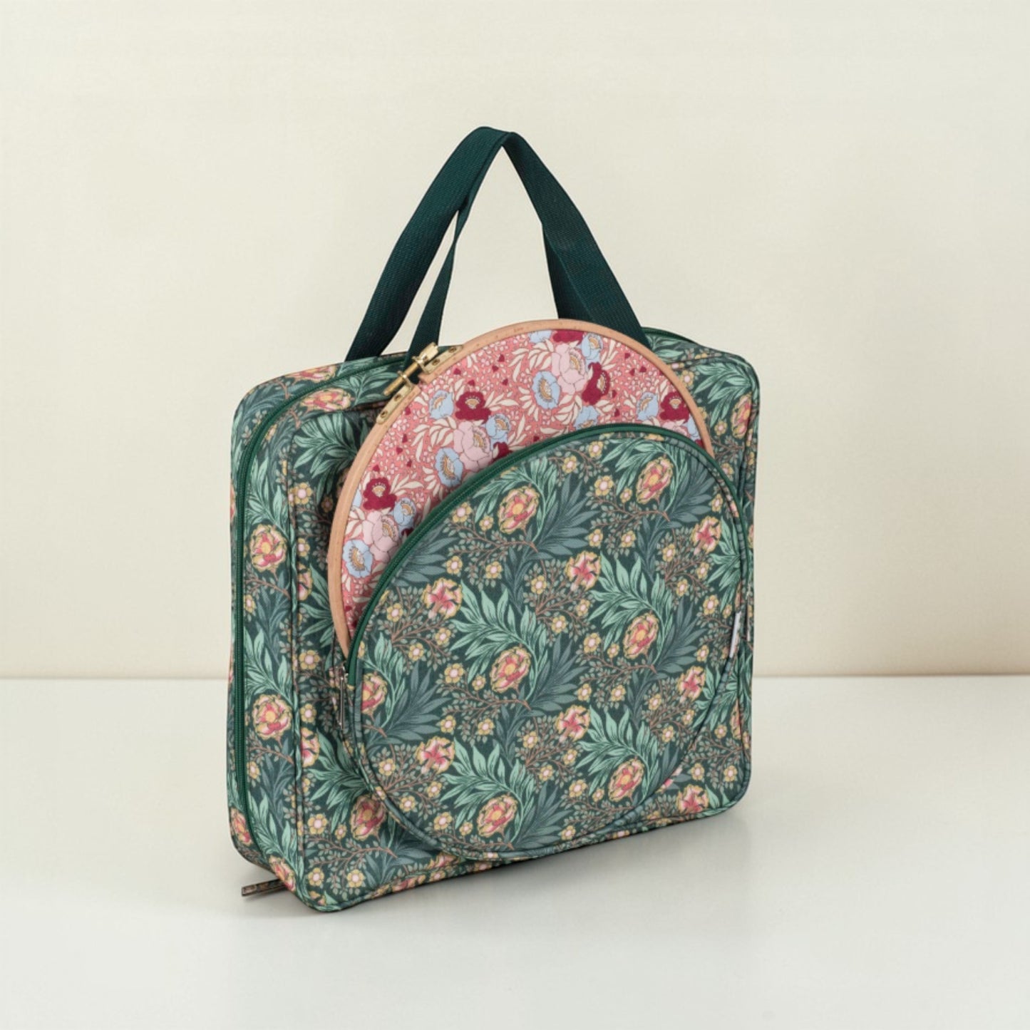 Craft Storage Bag with Hoop Pocket, Morris Green Embroidery Project Bag, Cross Stitch Organizer