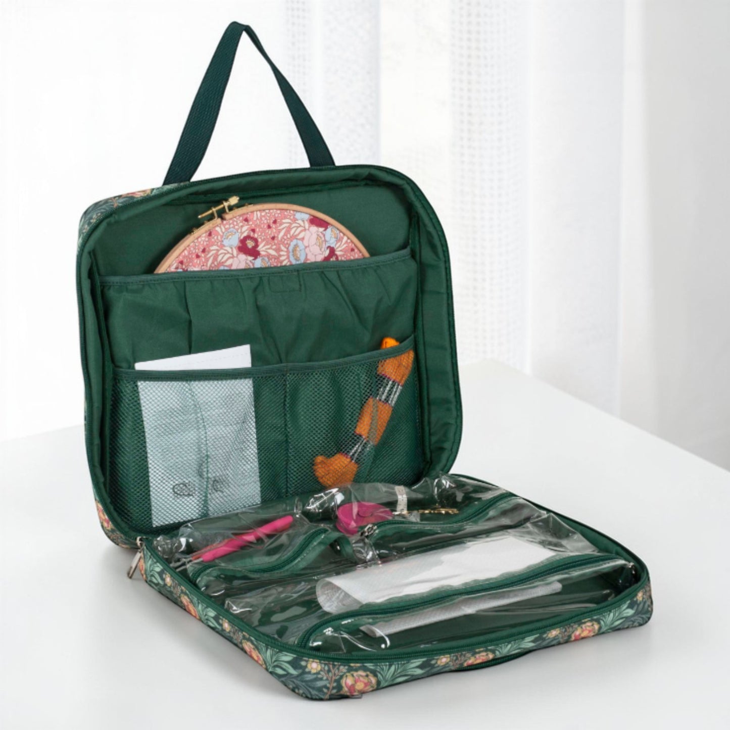 Craft Storage Bag with Hoop Pocket, Morris Green Embroidery Project Bag, Cross Stitch Organizer