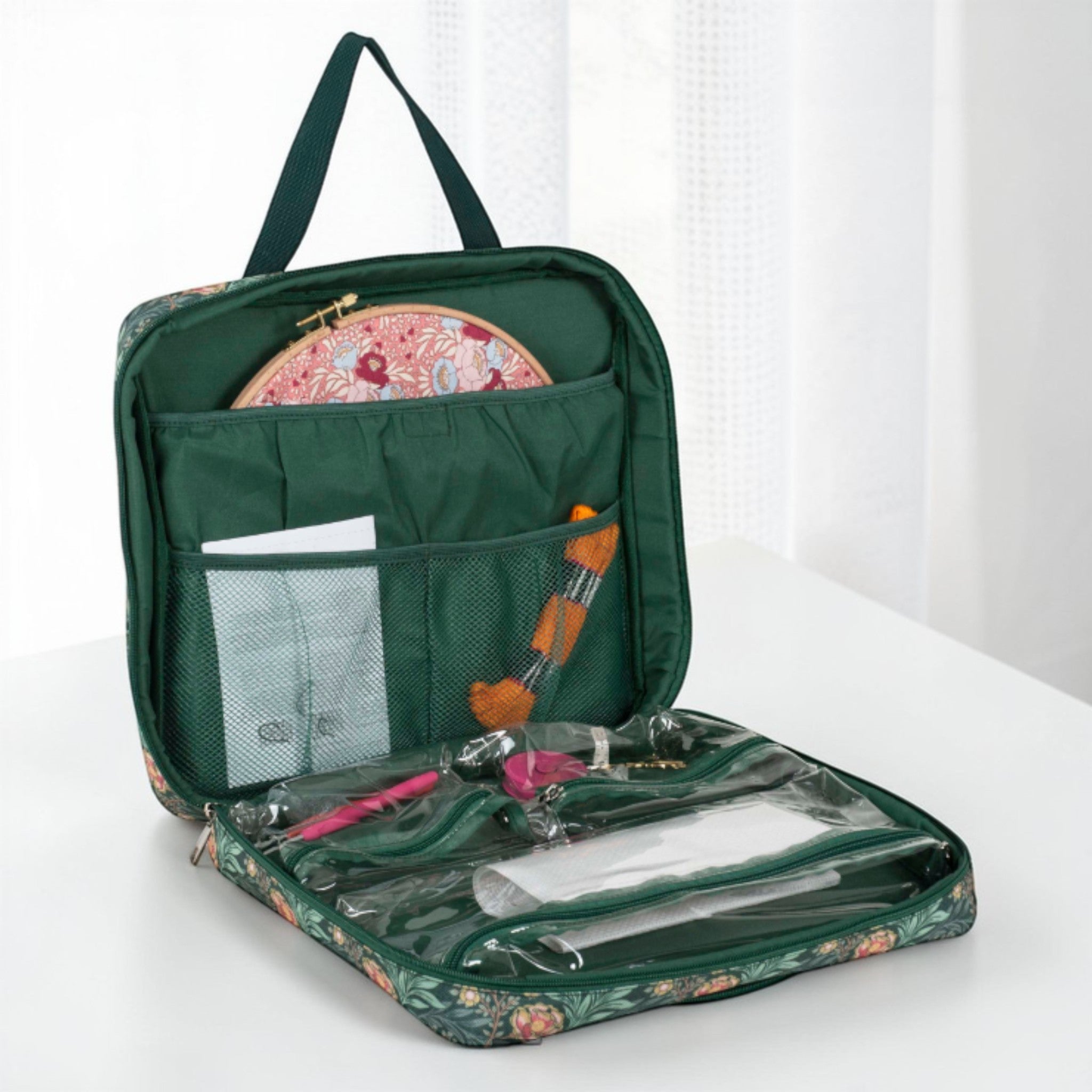 Craft Storage Bag with Hoop Pocket, Morris Green Embroidery Project Bag, Cross Stitch Organizer