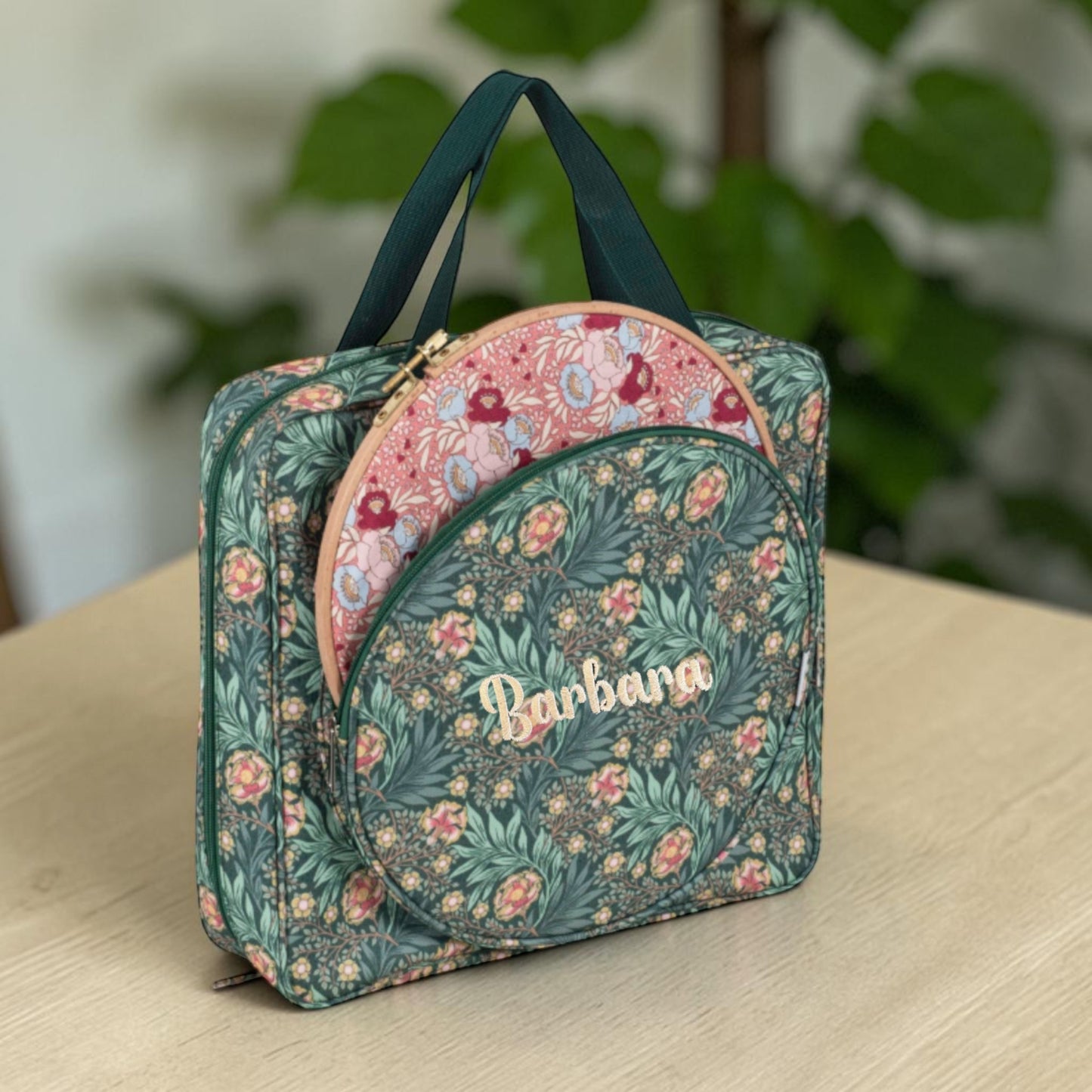 Personalised Craft Storage Bag with Hoop Pocket, Morris Green Embroidery Project Bag