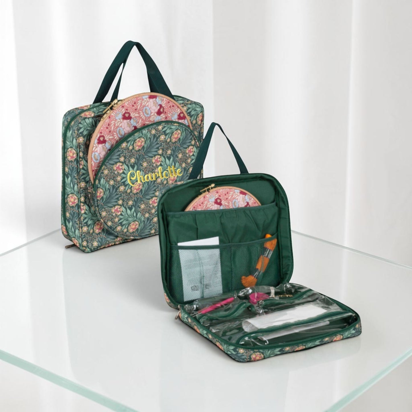 Personalised Craft Storage Bag with Hoop Pocket, Morris Green Embroidery Project Bag