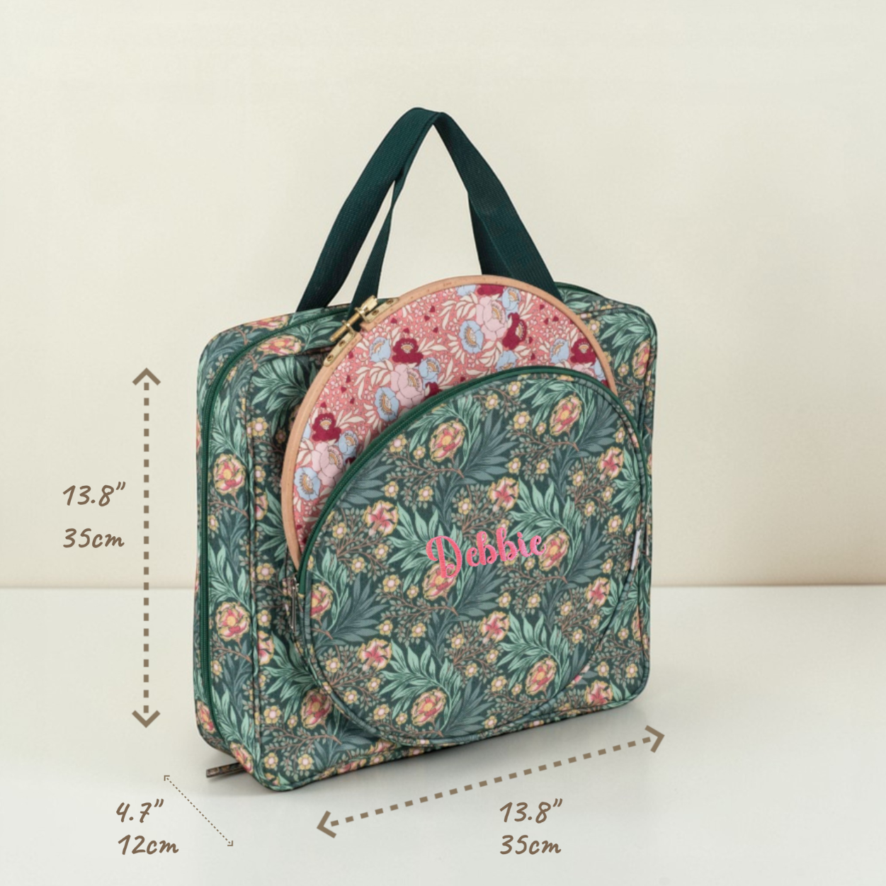 Personalised Craft Storage Bag with Hoop Pocket, Morris Green Embroidery Project Bag