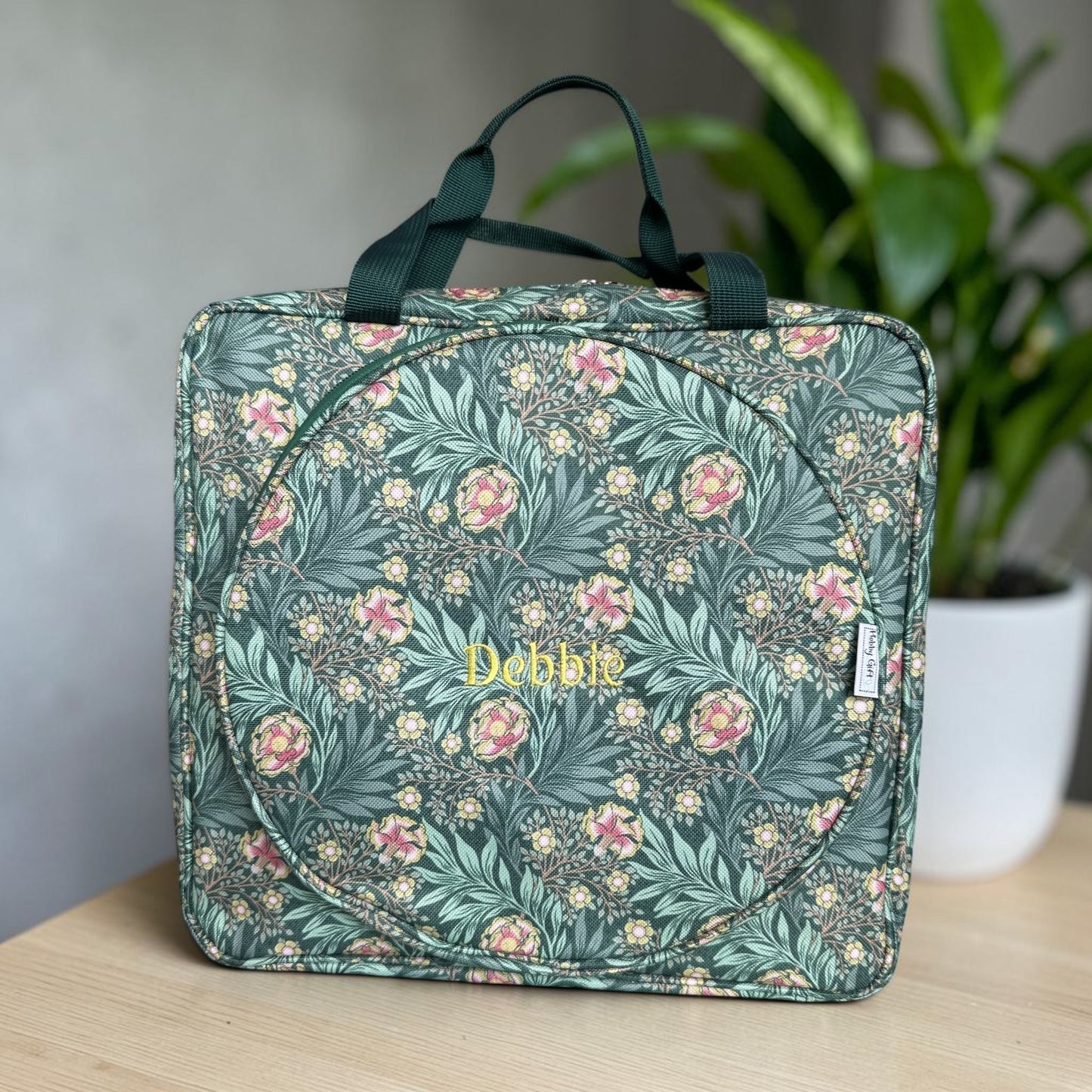 Personalised Craft Storage Bag with Hoop Pocket, Morris Green Embroidery Project Bag
