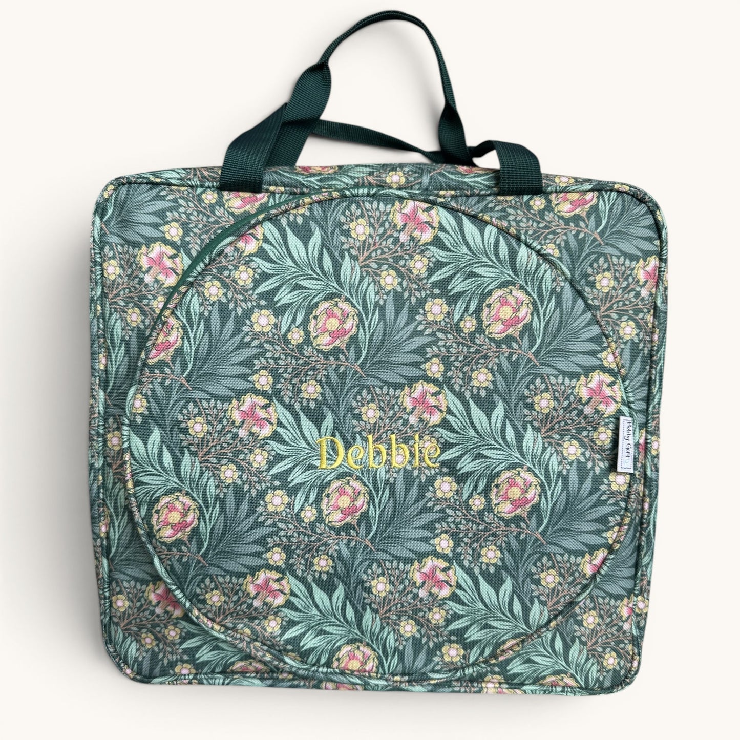 Personalised Craft Storage Bag with Hoop Pocket, Morris Green Embroidery Project Bag