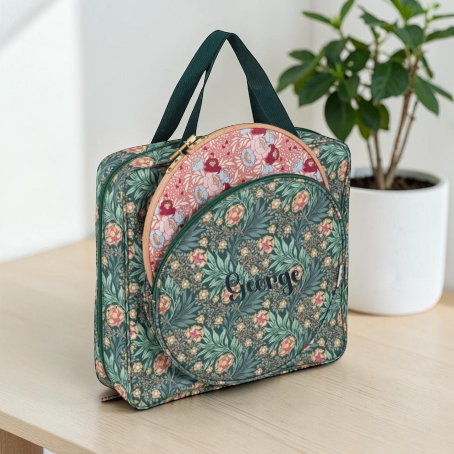 Personalised Craft Storage Bag with Hoop Pocket, Morris Green Embroidery Project Bag