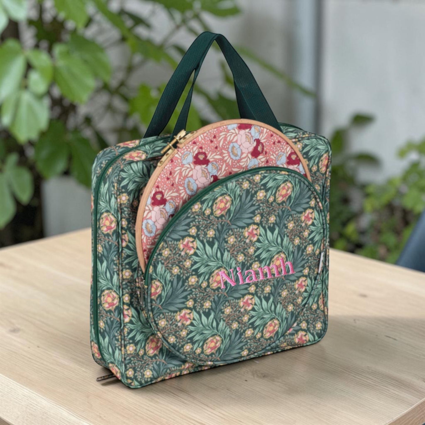 Personalised Craft Storage Bag with Hoop Pocket, Morris Green Embroidery Project Bag