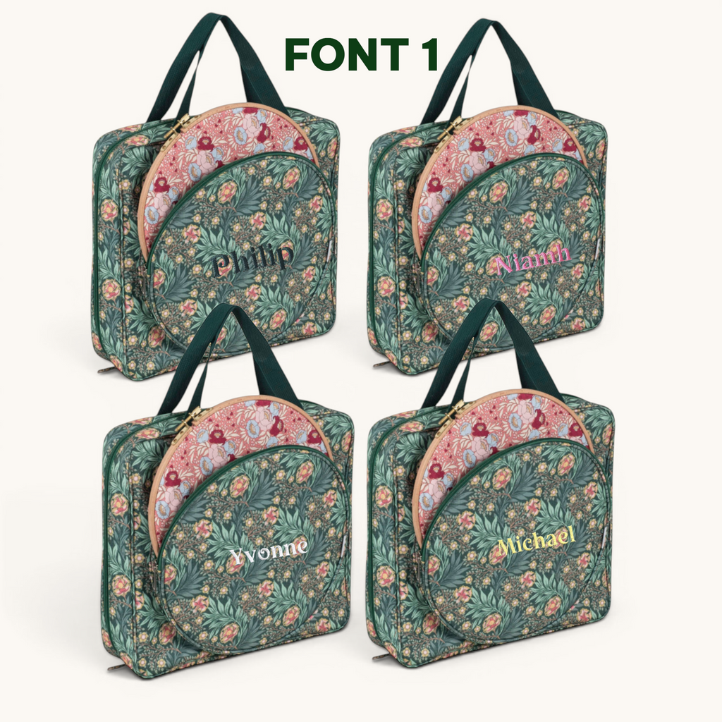 Personalised Craft Storage Bag with Hoop Pocket, Morris Green Embroidery Project Bag