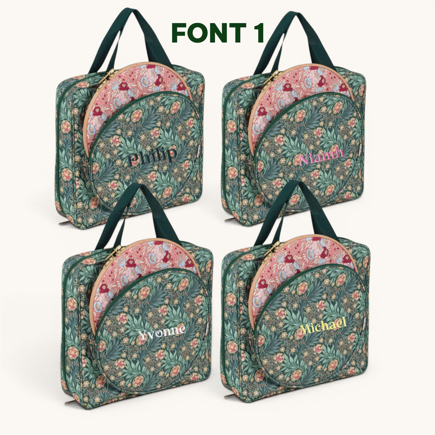 Personalised Craft Storage Bag with Hoop Pocket, Morris Green Embroidery Project Bag