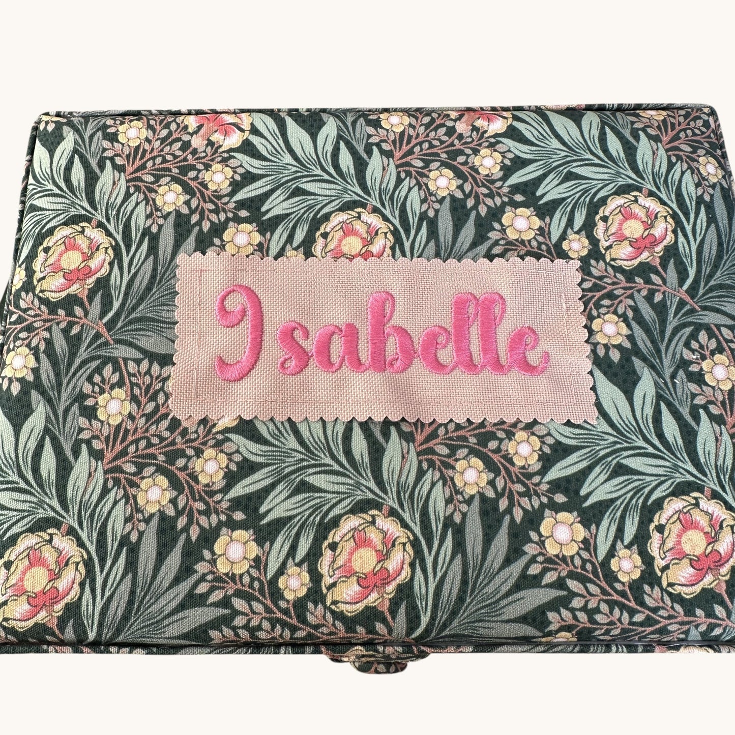 Personalised William Morris Style Sewing Box. Embroidered Floral Sewing Basket