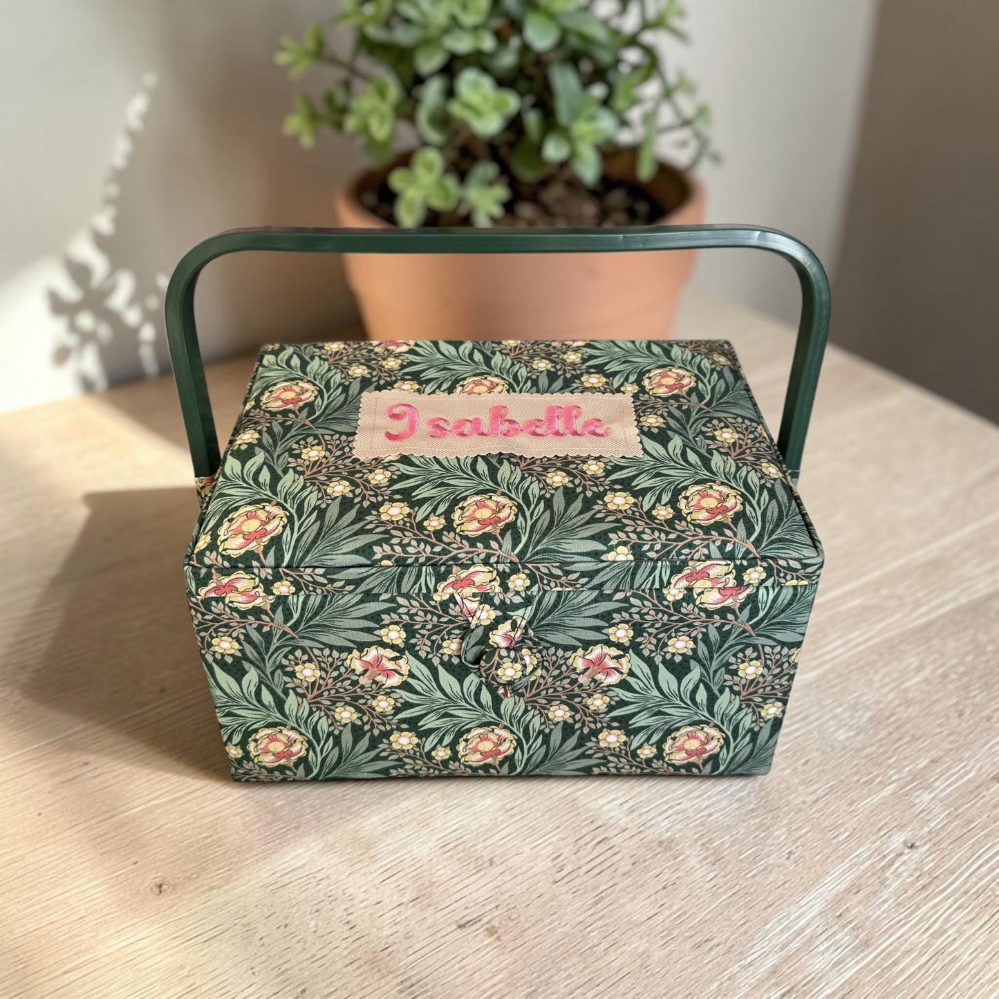 Personalised William Morris Style Sewing Box. Embroidered Floral Sewing Basket