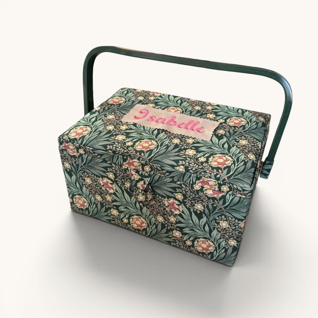 Personalised William Morris Style Sewing Box. Embroidered Floral Sewing Basket