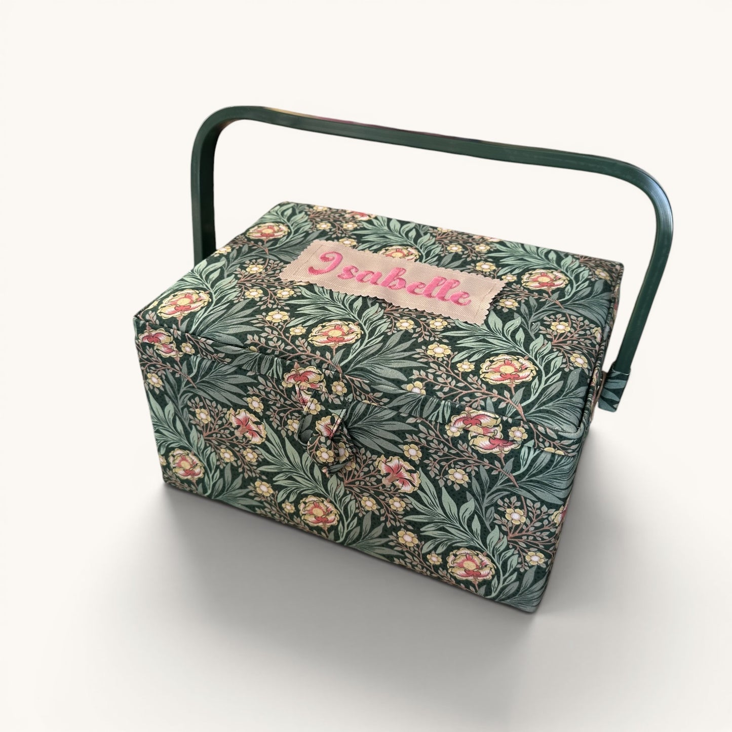 Personalised William Morris Style Sewing Box. Embroidered Floral Sewing Basket