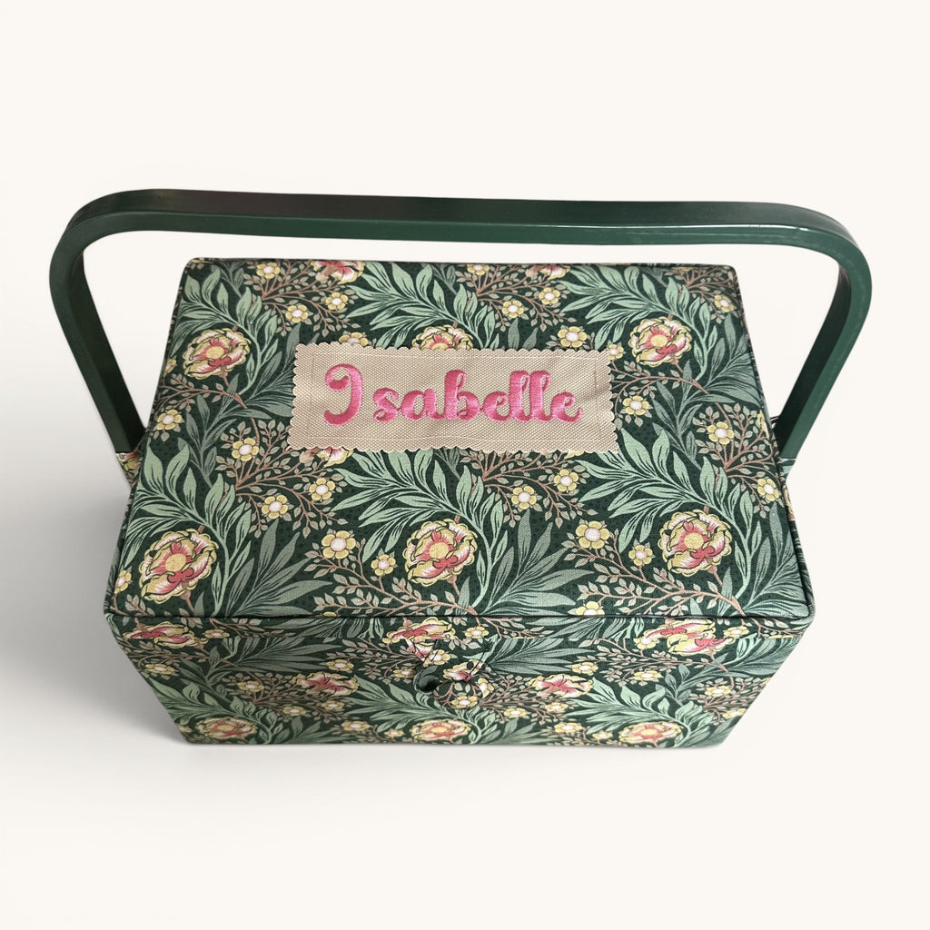 Personalised William Morris Style Sewing Box. Embroidered Floral Sewing Basket