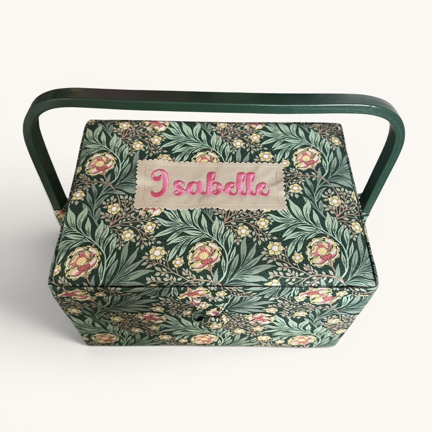 Personalised William Morris Style Sewing Box. Embroidered Floral Sewing Basket