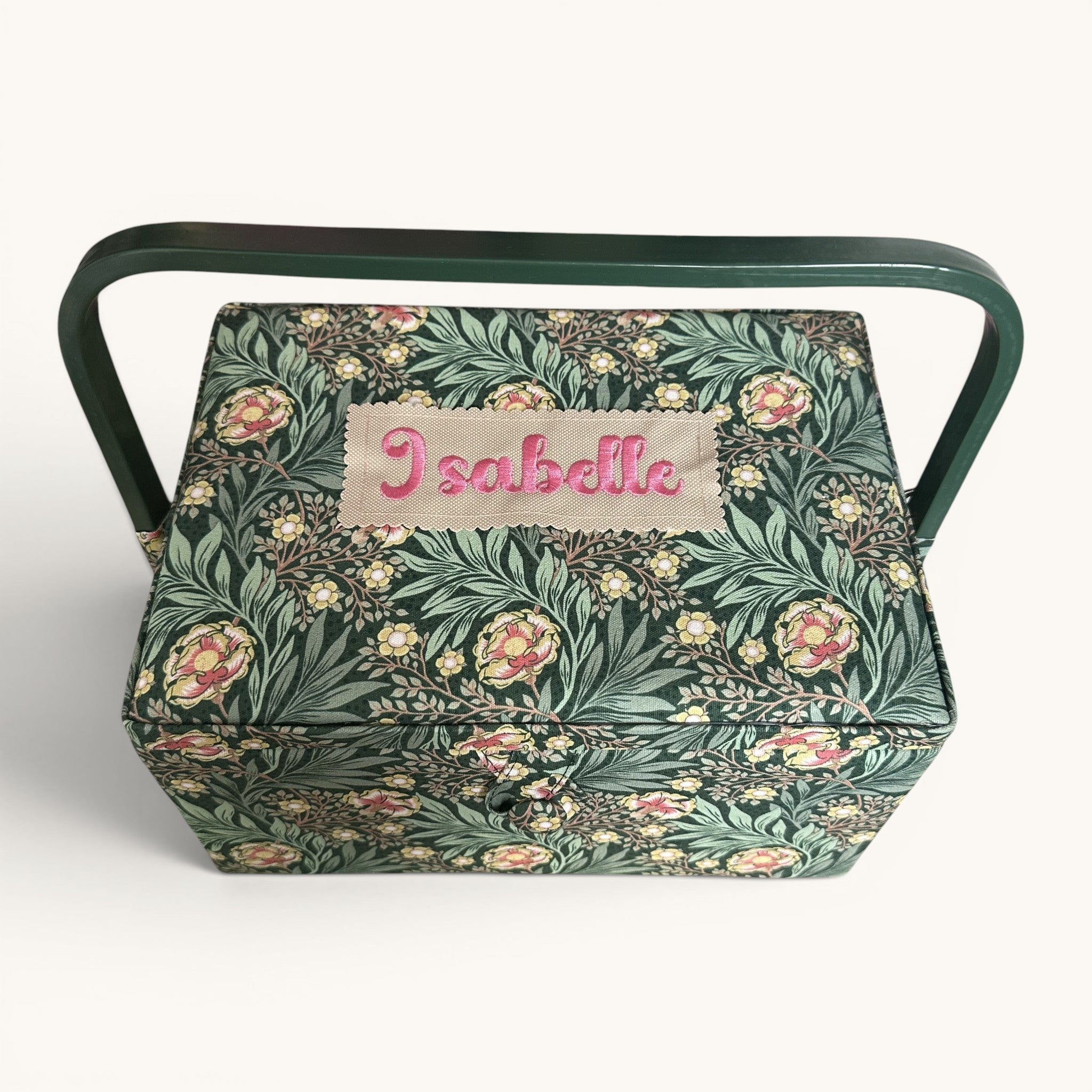 Personalised William Morris Style Sewing Box. Embroidered Floral Sewing Basket