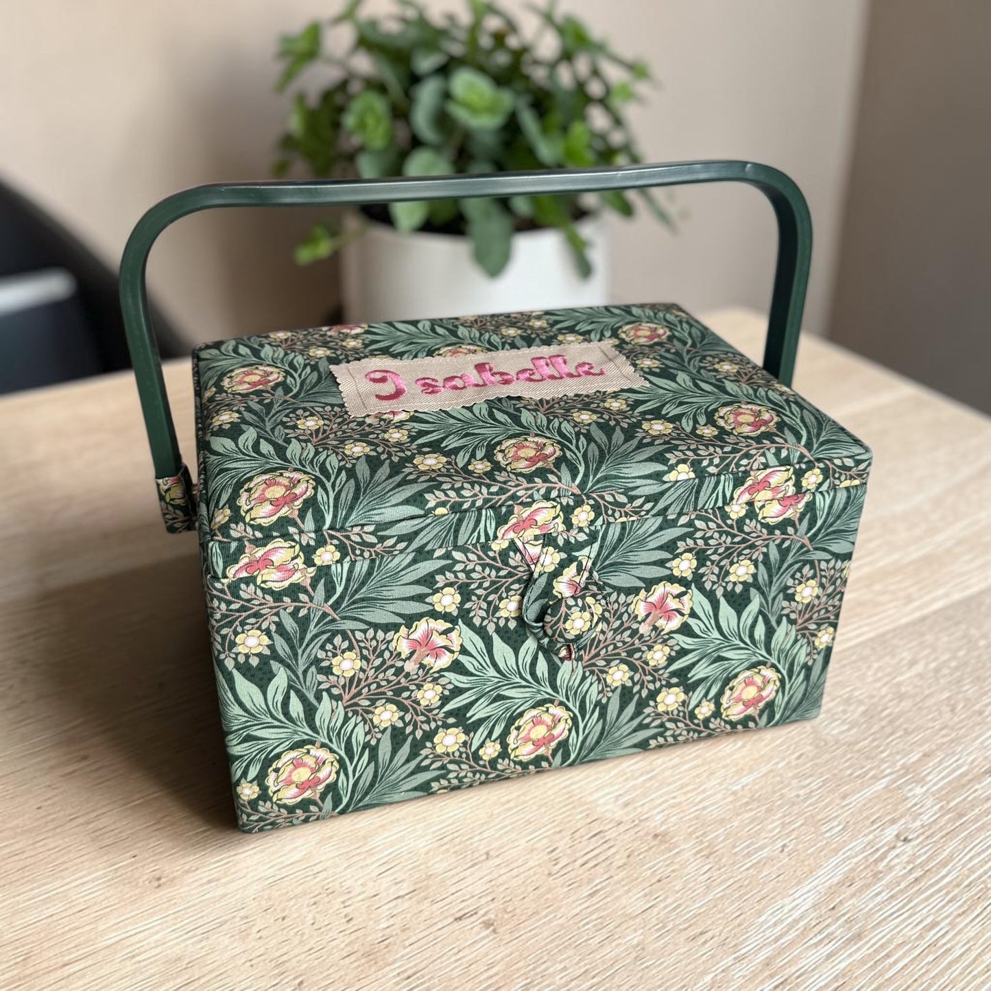 Personalised William Morris Style Sewing Box. Embroidered Floral Sewing Basket
