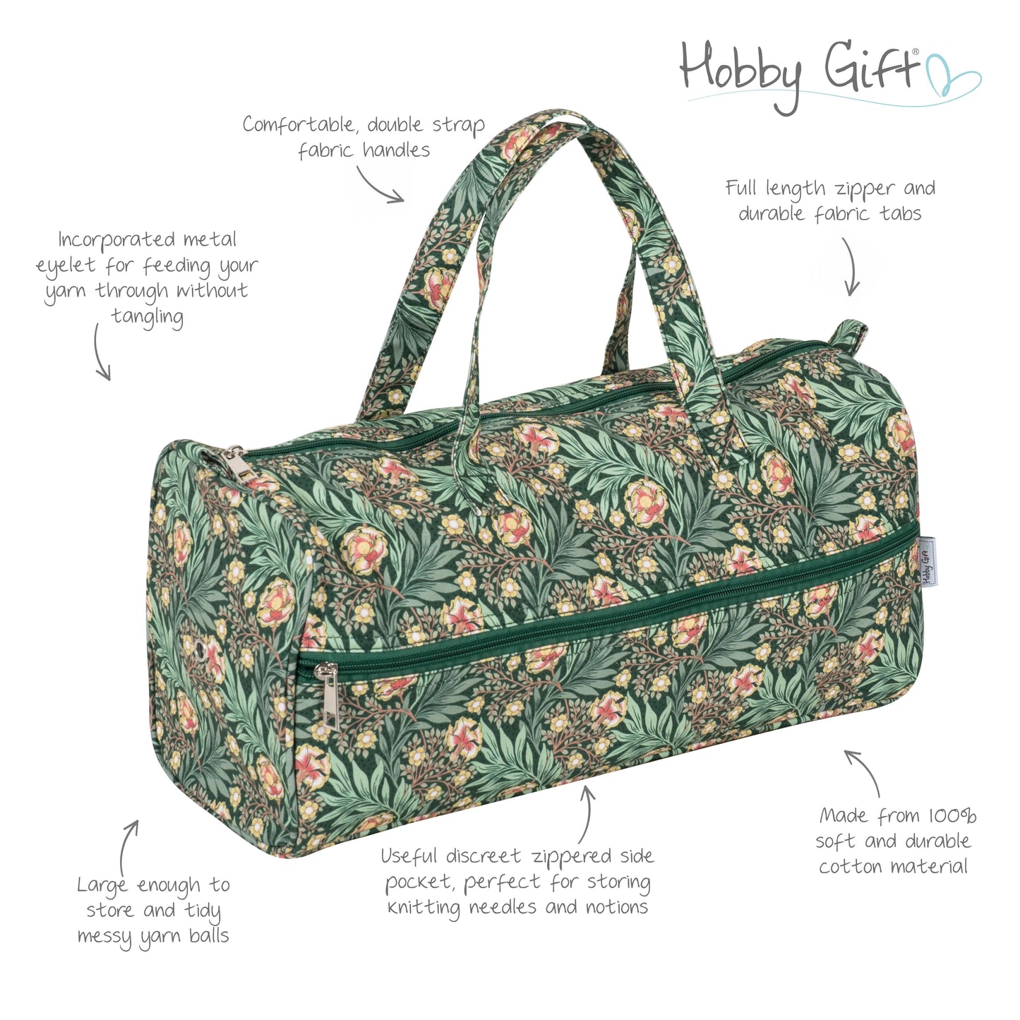 Morris Green Knitting Bag – Cotton Yarn Storage with Zip Pocket & Handles