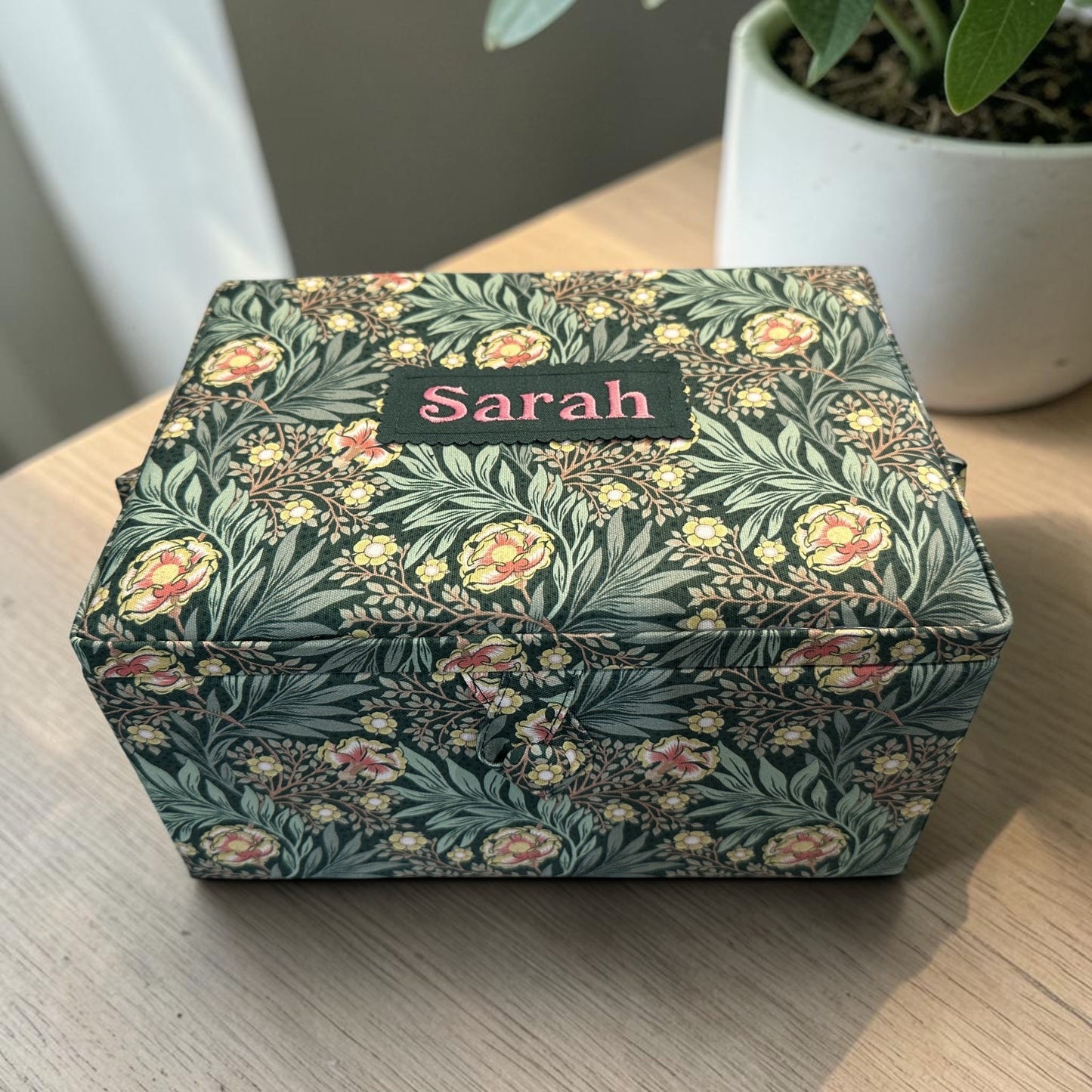 Personalised William Morris Style Sewing Box. Embroidered Floral Sewing Basket
