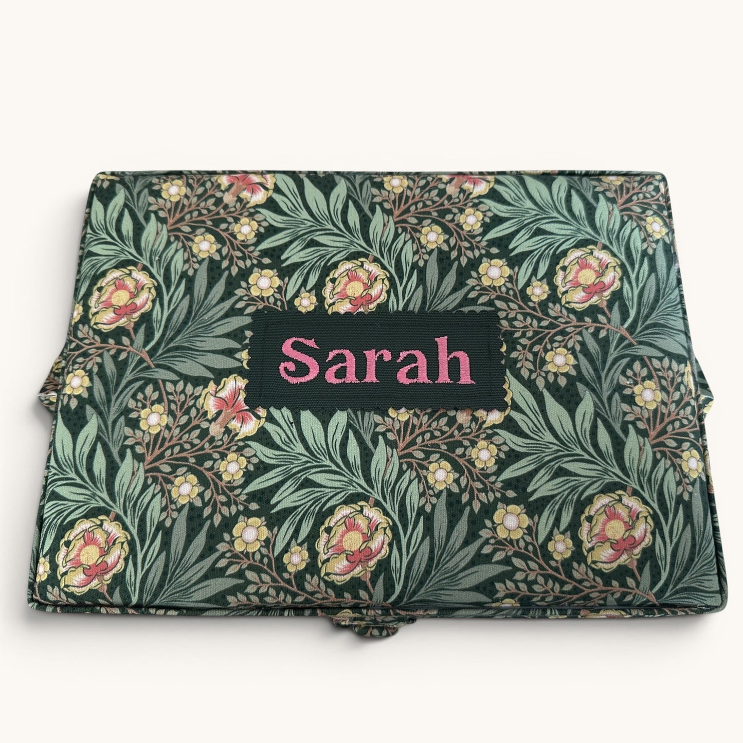 Personalised William Morris Style Sewing Box. Embroidered Floral Sewing Basket